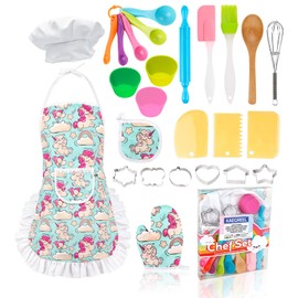 KAEGREEL Kids Baking Chef Set with Unicorn Apron and Mitt, 26pcs Kitchen Toys Kid Cooking Set with Chef Hat Spoons Whisk, Chef Supplies Role Play Gifts for Girls Boys Aged 3 4 5 6 7 8 Years Old
