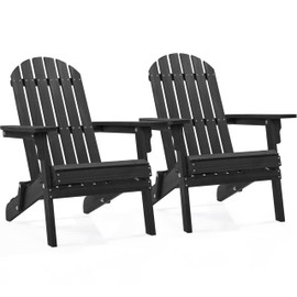Yaheetech Folding Adirondack Chair Set of 2 Outdoor, 300LBS Solid Wood Garden Chair Weather Resistant, Fire Pit Lounge Chairs for Garden/Yard/Patio/Lawn, Black