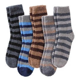 LINEMIN Mens Fuzzy Socks Cozy Fluffy Winter Warm Slipper Socks Microfiber Soft Home Sleeping Socks 5/6 Pairs (Blue/Brown/Black/Grey Stripe)