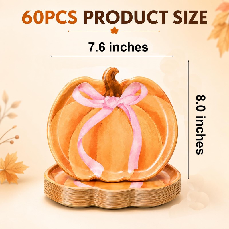 60Pcs Pink Bow Pumpkin Paper Plates Pumpkin Autumn Thanksgiving Party