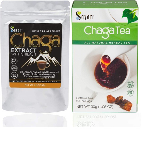 Sayan Siberian Wild harvested Chaga Mushroom Extract with Shilajit Powder and Chaga Tea - Powerful Antioxidant Fulvic Acid Supplement, Caffeine Free 2 Oz Package + 20 Tea Bags