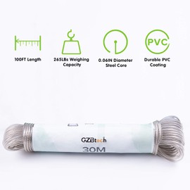 GZBtech 30m/100ft Clothes line for Outside Drying,Heavy Duty Extra Strong Washing Lines Rope with Steel Core & White PVC Cover, Rust-proof and Waterproof Laundry Line Outdoor Garden-Transparent
