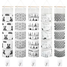 Chostky 5PCS Wall Hanging Storage Bag, Hanging Storage Organiser, Wall Closet Hanging Organizer, 5 Pockets Over the Door Hanging Wardrobe Storage Poucher with 5 Hooks for Home Kitchen (Style 2)