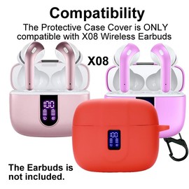 smaate Earbuds Case Compatible with TAGRY X08 Wireless Headphone, Silicon Protective Cover with “S” Shaped Dual Carabiner, with Window for LED Display (Red)