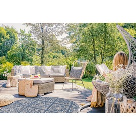 GAD Great American Distributors Jule, Premium Geometric Indoor Outdoor Area Rug Muted Blue Cream Fade Resistant Rug for Patio, Porch, Lanai, Pool (Blue, 6'7" Round)