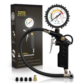 MARKENFAKTUR Tyre Inflator, Steel Edition, Universal Tyre Pressure Gauge with Integrated Pressure Regulator, Air Pressure Gauge, Includes Bicycle Valve and Valve Caps, Compressed Air Tyre Inflator