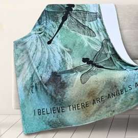 RosieLily Flannel Fleece Light Luxurious Soft Cozy Fuzzy Dragonfly Throw Blanket for Couch Chair All Seasons,I Believe There are Angels Among Us Ink Dtyle Dragonfly Painting for Kids,Adults 60x80