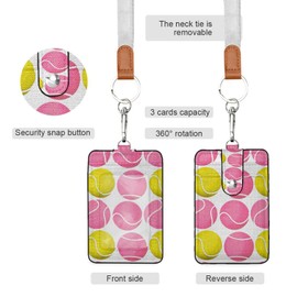 OTVEE Badge Holder with Lanyard Pink and Yellow Tennis Balls PU Leather Vertical ID Badge Holder with Clear ID Window for Office