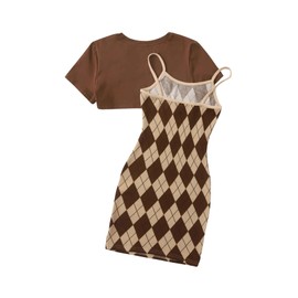 OYOANGLE Girl's Cute 2 Piece Outfits Print Cami Short Dress with Crop Top Tee Set Brown 10Y