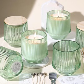 simeitol 13 OZ Light Green Large Candle Jars for Making Candles - 6 Pack Glass Candle Jars Bulk with Vertical Striped, Candle Vessels Supplies with Bamboo Lids and Candle Wick Kit, for DIY & Home