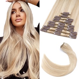 Elailite Bayalage Clip-In Real Hair Extensions, 8 Pieces, 18 Clips, Straight, 60 cm, 80 g, #18/613 Ash Blonde & Bleached Blonde