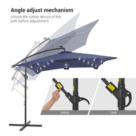 Bonosuki 8.2×8.2FT Solar LED Offset Patio Umbrella, 32 LED Lighted Cantilever Umbrella w/Tilt and Crossed Base Hanging Umbrellas for Garden, Deck, Backyard, Pool and Beach