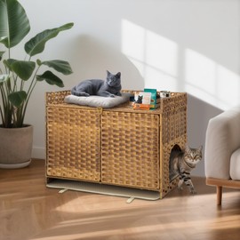 Hidden Cat Litter Box Enclosure Furniture - Handwoven Rattan Pet House with Removable Mat, Elevated Metal Feet, Large 30.3x18.2x24.5 Inches for Modern Design Indoor Living