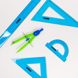 BAZIC Math Geometry Set 5 Pieces, Center Wheel Compass, Protractor, Ruler, 2 Triangle Rulers, Plastic Clear Measuring Sets, 1 UNIT, RANDOM COLOR