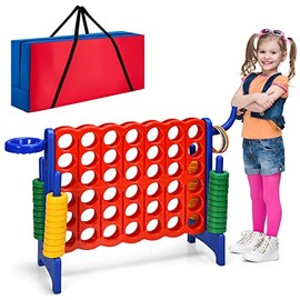Costzon Giant 4-in-A-Row, Jumbo 4-to-Score Giant Game w/ Carrying Bag, Basketball Hoop, 42 Jumbo Rings, Quick-Release Slider, Indoor Outdoor Family Connect Game for Kids & Adults, Backyard Games