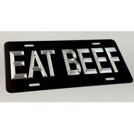 Silver Engraved Eat Beef Black Car Tag Diamond Etched Metal Front License Plate