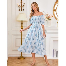 Women's Summer Dresses 2024 Casual Flowy Beach Square Neck Puff Short Sleeve Smocked Floral Midi Dress Rose Blue S