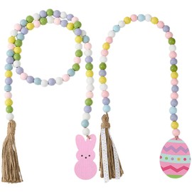 craspire 2 Stück Ostergirlande Aus Holzperlen Rustikale Stränge Aus Holzperlen Frühlingsferien Rosa Kaninchen Häschen Ei Boho Bauernhaus Seilquasten Hängende Anhänger Ornamente Für Gestufte Tabletts