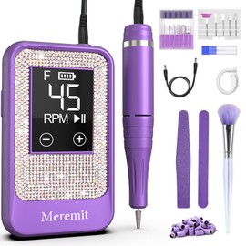 Professional Nail Drill Cordless 45000 RPM, Meremit Electric Nail File with Diamond Decoration, 12Pcs Drill Bits, Large LCD Screen, Rechargeable Electric Nail Machine Drill for Acrylic Gel Nail Polish