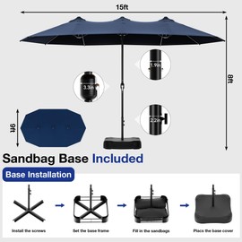 Joyside 15FT Large Patio Umbrella with Base Included, Outdoor Double Sided Umbrella, Rectangle Umbrella with Crank Handle, 12 Sturdy Ribs for Deck, Porch and Pool