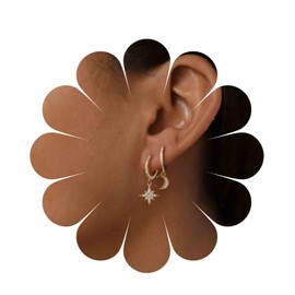 Yheakne Boho CZ Moon Star Earrings Crystal Moon Huggie Hoop Earrings Paved Star Dangle Earrings Gold Mismatch Earrings Jewellery for Women and Girls, Alloy Steel