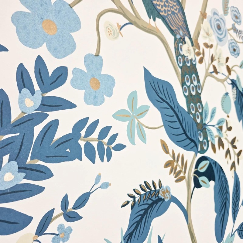 White Blue Tropical Tree Branches Leaves Flowers Peacock Botanical Wallpaper