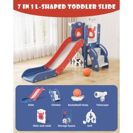 XJD 7 in 1 Toddler Slide, Kids Indoor Slide for Toddlers 12-36 Months, New Upgrade with Golf, Basketball Hoop for Indoor Outdoor Playset,Toddler Playground (Blue Red)