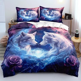 YUTNSAN Wolf Bettwäsche 135x200cm Wölfe Rose Blitz Muster 2 Teilig Kinderbettwäsche Set Mikrofaser Bunt Modern 3D Tier Bettbezug und Kissenbezug 80x80cm