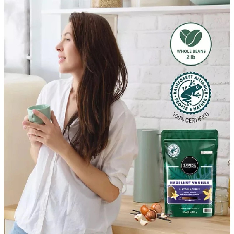 Zavida Coffee Whole Bean Coffee, Hazelnut Vanilla, 32 oz.