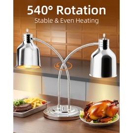 JOHAKYU 500W Commercial Food Warmer, 2-Head Adjustable Food Warming Lamp with 3 Bulbs | Stainless Steel Catering Heating Light for Restaurants, Kitchens & Buffets - Silver