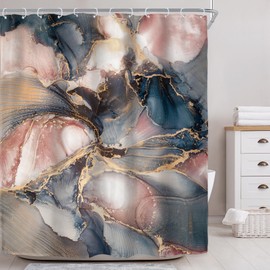 Riyidecor Marble Abstract Shower Curtain for Bathroom Decor 60Wx72H Navy Blue Pink Rose Gold Modern Purple Marble Ombre Luxury Texture Geometric Aesthetic Ink Printed Fabric Polyester Waterproof
