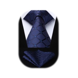 HISDERN Mens Ties Extra Long Navy Blue Tie for Men Pocket Square Set Silk Formal Plaid Checkered Neckties 63 inch XL Necktie Business Wedding