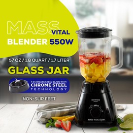 Universal 550W Mass Vital Blender - Glass Jar 57 Oz/1.8 Quart/1.7 Liter - 7-cup, 2 Speed + Pulse Function and 4 Stainless Steel Blade with Chrome Steel Technology