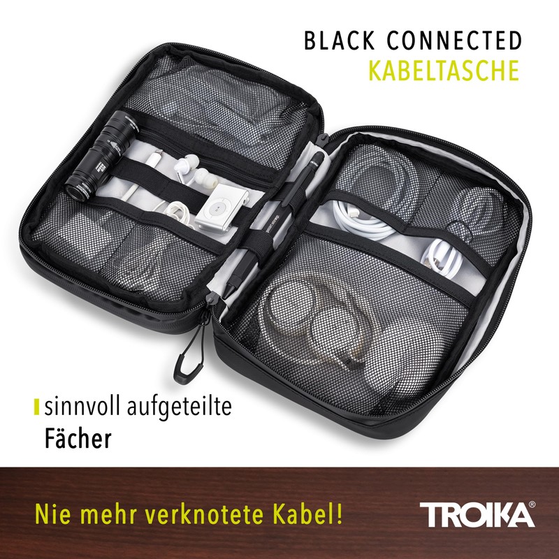 TROIKA Cable Bag with 2 Zip Compartments Black Connected -