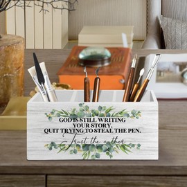 XLDLIOO Christian Pen Pencil Holder Organizer for Desk Accessories, Sage Green Eucalyptus Bible Verse Wooden Box Sign Desk Decor for Home Office Decoration, Christian Gifts for Women Men