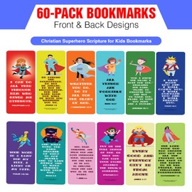 NewEights Christian Superhero Scripture for Kids Bookmarks (10-Sets X 6 Cards) – Daily Motivational Card Set – Collection Set Book Page Clippers – Ideal for Church Events