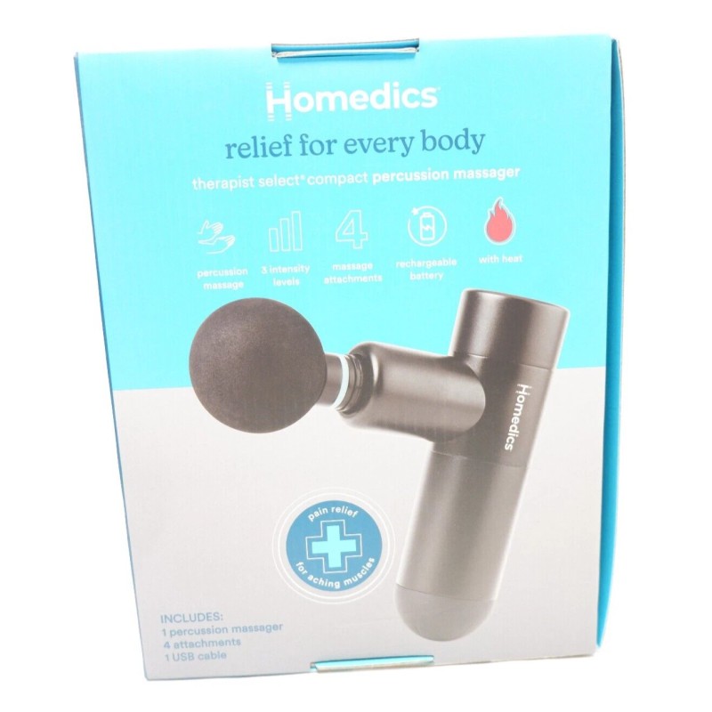 Homedics Percussion Massager Gun Heat Rechargeable 4 Attachments Compact Size