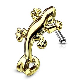 PiercedOff Gold Tone IP over 316L Surgical Steel Nose Bone Crawler Stud with Gecko Design - Thickness 20GA (0.8mm) / Length 6mm / Gecko Size 12mm