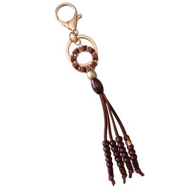 Flower Storm (Bag Charm/Keychain) Metal Ring Charm with Suede Cord and Tassel Bead Decoration, Bag Charm Chain Included (Bag Accessories, Key Ring, Wood Beads, Made in Japan, TOHO Glass Beads), brown,