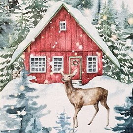 Extraordinary Christmas Fabric Sold by the Metre Forest Deer House Winter Landscape Watercolour Christmas Decorative Fabric Curtain Fabric