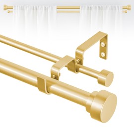 TANGWIN Double Curtain Rod,Gold Double Curtain Rod,Double Curtain Rods for Windows 48 to 84 Inch,Heavy Duty Double Rod Curtain,1 Inch Adjustable Dual Curtain Rod, Gold Double Rod Curtain Rods 48-84"