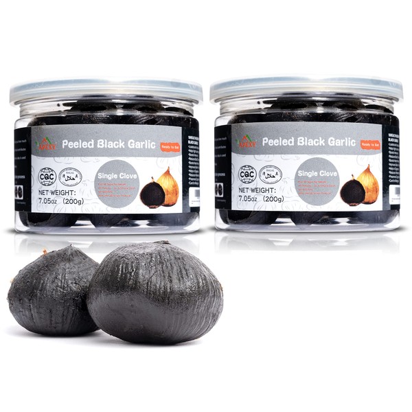 Ajo negro entero pelado fermentado durante 90 días, 0 aditivos, alto en antioxidantes, certificado HALAL por APEXY (2 guantes individuales de 7.7 onzas)