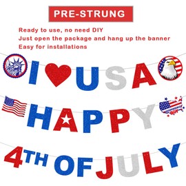 ANFEST Happy 4th of July Banner Glitter Letter, Patriotic Backdrop for Family 4th of July decoration, NO DIY Pre-Assembly, Fourth of July Paper Banner Independence Day Party Supplies