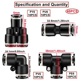 HUAZIZ Pack of 40 Pneumatic Push to Connect Fittings, Black Pneumatic Fittings Kit, 10 Pieces Spliter + 10 Pieces Elbows + 10 Pieces Tea + 10 Pieces Straight (OD 6 mm)