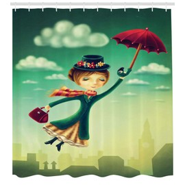 ABAKUHAUS Fantasy Shower Curtain, Cartoon Fairy Tale Nanny with Umbrella and Bag Flying over London Skyline, Cloth Fabric Bathroom Decor Set with Hooks, 86 Inches Extra Long, Multicolor