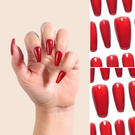 Sun&Beam Nails Handmade Press-on Medium Long Coffin Red Ruby Magnet False Nail Tips Hand-drawn Design Fashionable 10 Pcs Set (#164 S)