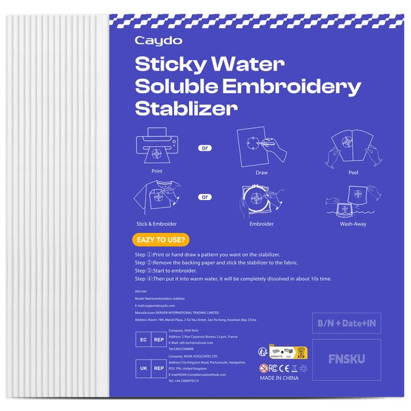 Caydo 15Pcs Water Soluble Embroidery Stablizer, 8.5"x11" Printable Paper Stablizer