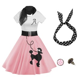 ZEZCLO Women's Retro Poodle Print Skater Dress Vintage High Waist Rockabilly Swing Tee Cocktail Party Dresses Accessories Pink S