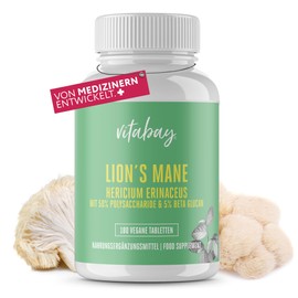Vitabay Lions Mane Mushroom 60,000mg - 180 Lion's Mane Mushroom Tablets (30:1 Extract) - Hericium Erinaceus with 50% Polysaccharides & 5% Beta-Glucans - Hedgehog Spiked Beard Capsules Laboratory