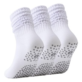 Risipu 3 Pairs Pilates Socks for Women Yoga Socks with Non-Slip Sole for Barre Long Scrunch Socks, White, One size fits all